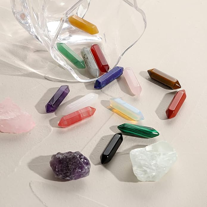 14 Pieces Natural Healing 7 Chakra Stones Set Crystal Hexagonal Bullet Shaped Reiki Meditation Gemstone Quartz Stone