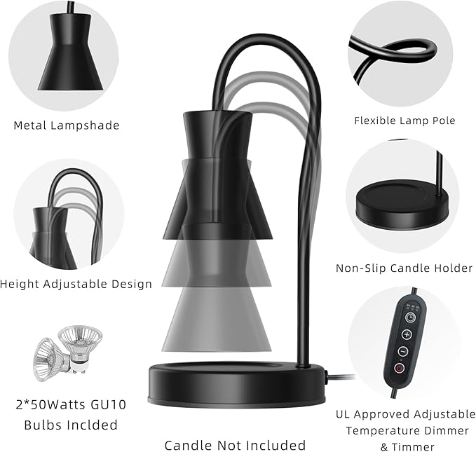 Candle Warmer Lamp with Timer and Dimmer, Vintage Electric Melter Candle with 2 Bulbs, Melter Scented Height Adjustable Compatible with Jar Candles, House Warming Gifts (Black)