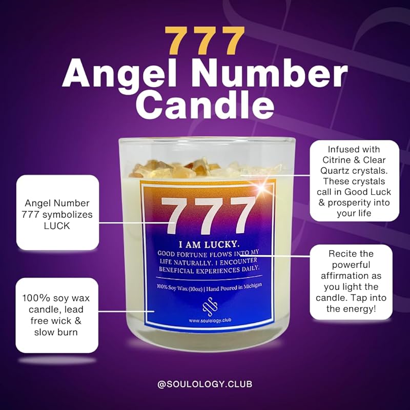 777 Angel Number Candle, 10oz, Crystal candle, 100% Soy Wax & Phthalate-Free Fragrance candles, Gifts candles for women, Angel Number Gift, Good Luck Candle, Money Candle