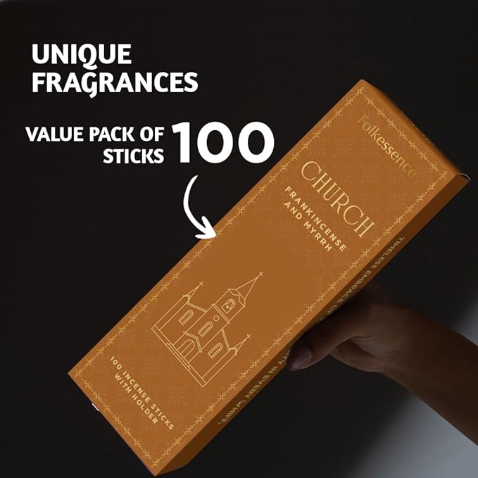 Folkulture Church Incense Sticks | Set of 100 Insence-Sticks with Holder for Relaxation | Frankincense & Myrrh, Catholic Incense | Organic, Slow Burning & Non Toxic Inscents for Worship