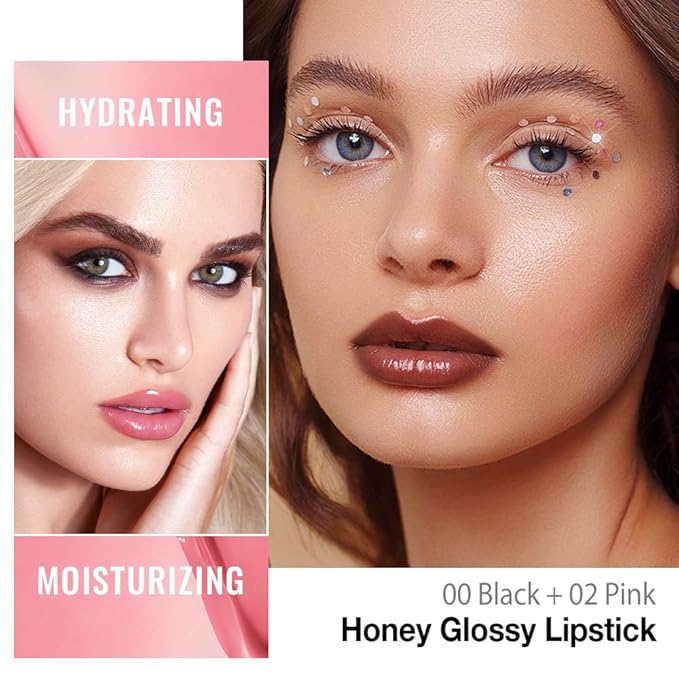 Kaely 2Pcs Honey Glossy Lipstick for Women, Black & Pink Moisturizing Shine Lipstick for Dry Lips, Hydrating Nourishing Tinted Lip Balm, Sheer Lightweight Lip Gloss Stain Makeup, Vegan, 00+02
