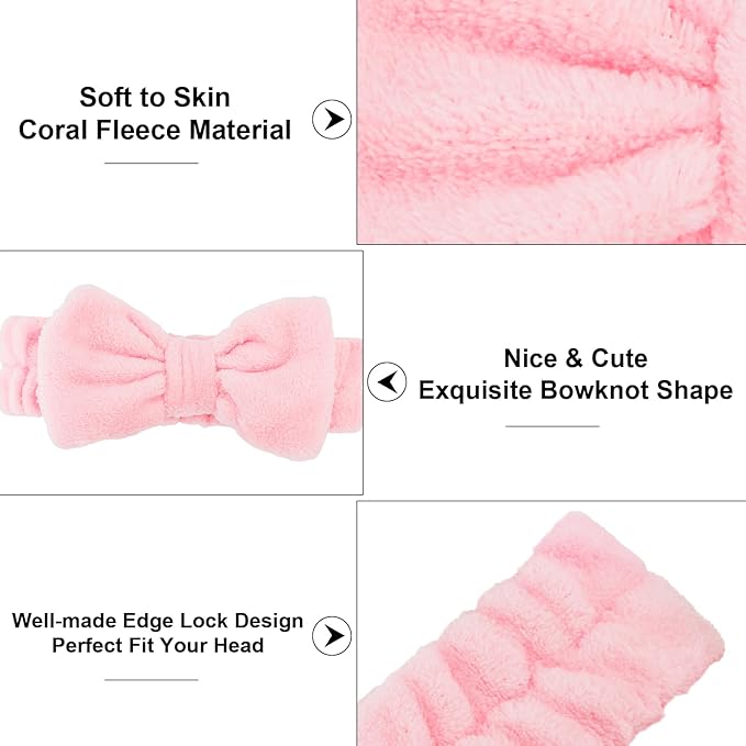 10 Pcs Pink Makeup Headbands, Hair Band for Washing Face, Soft Coral Fleece Makeup Headband for Girls, Bow Hair Bands, Beauty Headbands for Face Washing Shower Skin Care Yoga