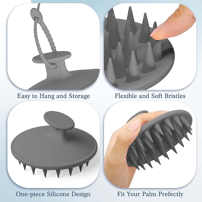 Manmihealth Silicone Back Scrubber & Soft Bath Glove, Silicone Scalp Massager Set 5 PCS, Super-Exfoliating Body Scrubber Shower Brush & Shampoo Brush Combination, with 2 Free Hooks (Style 1 Gray)