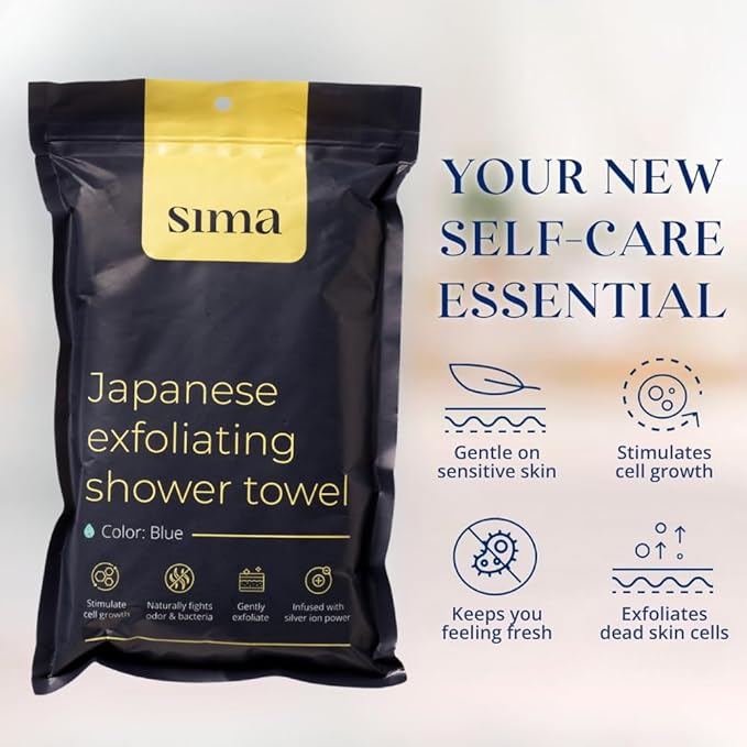 Exfoliating Washcloth Face & Body Scrub Towel - Japanese Exfoliating Towel with Hexagon Fibers, Body Scrubber with 2 Sides for Scrubbing & Washing, Extra Long Body Towel (Blue)