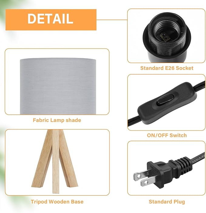 Brightever Small Bedside Table Lamp, Wooden Tripod Modern Table Lamp with Grey Linen Fabric Shade, Farmhouse Nightstand Lamp for Living Room, Bedroom, Home, Nursery, Office