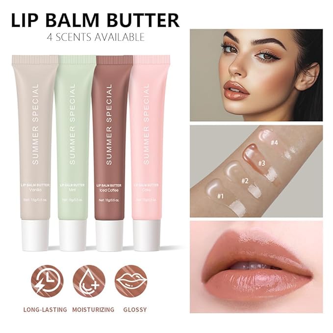 4PCS Summer Ultra-Hydrating Lip Butter Balm – Natural Vegan Lip Balm for Instant Moisture, Shine & Hydration, Sheer-Tinted, Soothes & Softens Dry Lips, Taste Vanilla & Mint & lced Coffee & Cake
