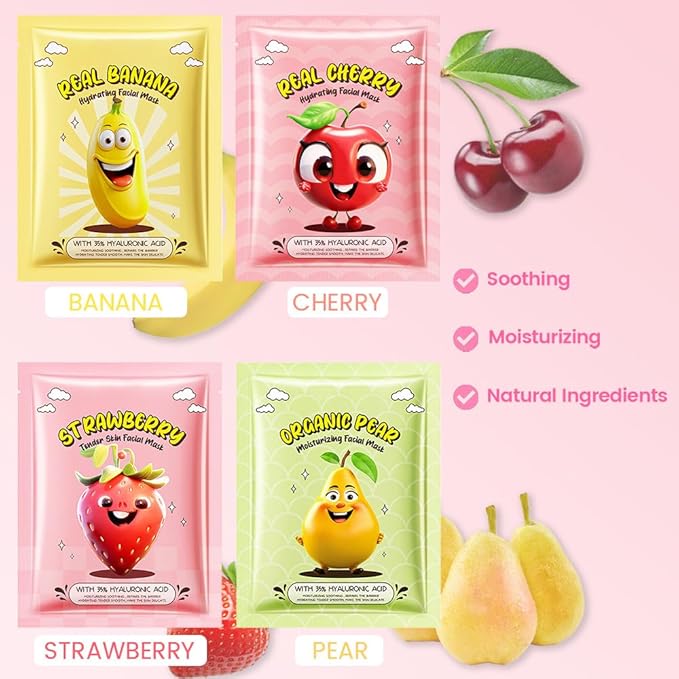 evpct 12 Pack Fruit Kids Face Masks for Kids Girls Spa, Girls Kids Facial Spa Day Slumber Sleepover Birthday Party Favors Supplies Kit for Girl, Kid Friendly Facial Face Masks Bulk Skincare for Kid, 3