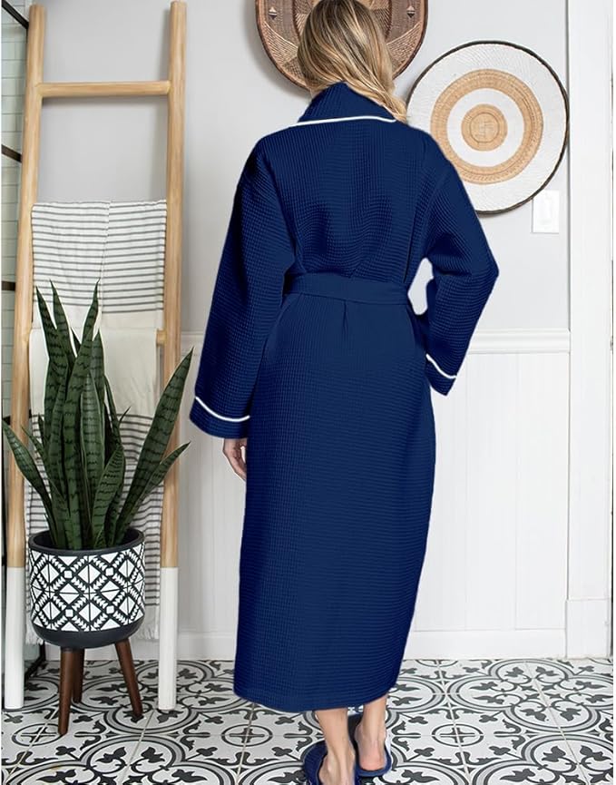 Lotus Linen Waffle Robes for Women - Lightweight Cotton Kimono Bathrobe - Long Soft Spa Bath Robe