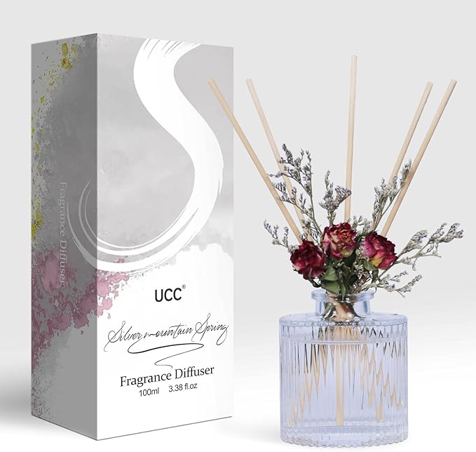 UCC Reed Diffuser Set, 3.38 oz Silver Mountain Spring Premium Scented Diffuser with Flower Sticks Home Fragrance Reed Diffuser for Bathroom Shelf Decor
