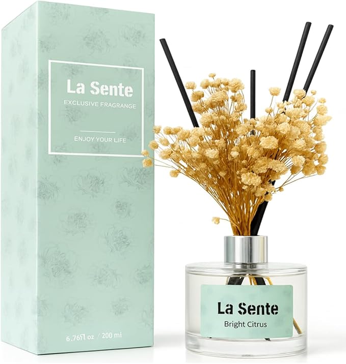 Reed Diffuser Set, Glass Bottle with Black Rattan Sticks, Dried White Flowers, 6.7fl oz, 200ml (Bright Citrus)
