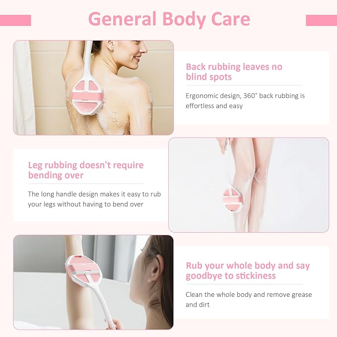 3PCS Extender Handle Set,17in Lengthen Detachable Long Handle Back Brush*1,Silicone Body Scrubber for Gentle Exfoliating and Massage Can Produce Rich Foam*2,Long Handle Back Scrubber for Men (White)