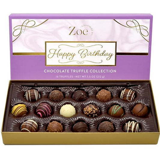 CRAVINGS BY ZOE Happy Birthday Chocolate Truffles Gift Box | 16 Count | Assorted Gourmet Milk & Dark Chocolate Candy Food Gift Basket | Birthday Gifts for Women & Men Mom Dad Kid Him Her Adult Family