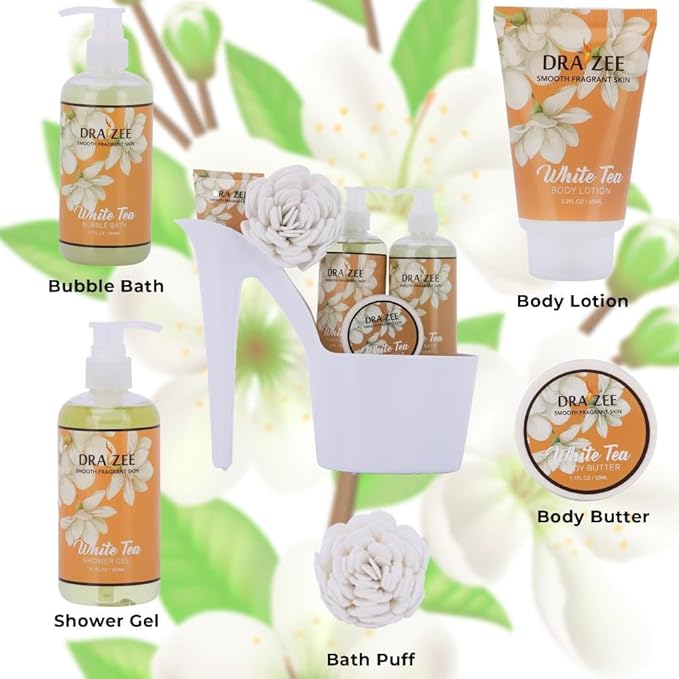 Luxury Spa Gifts for Women – 6 Pc White Tea Scented Bath and Body Set with Bubble Bath, Lotion & More – Luxury Self Care Kit for Wife, Mom, Girlfriend, Birthday Gifts for Women by Draizee