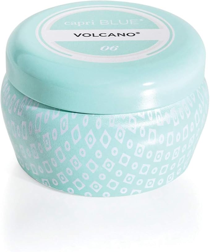 Capri Blue Volcano Scented Mini Tin Jar Candle - Printed Mini Tin Candles for Home Scented with Tropical Fruit & Sugared Citrus - Long Lasting Soy Wax Blend - Aqua (3 oz)