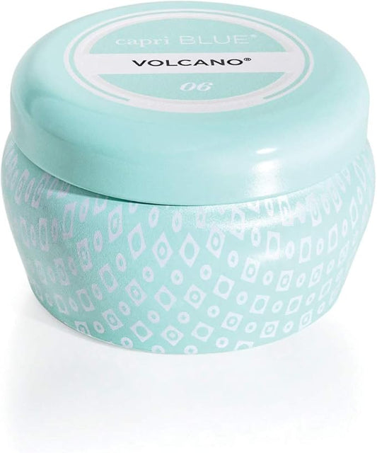 Capri Blue Volcano Scented Mini Tin Jar Candle - Printed Mini Tin Candles for Home Scented with Tropical Fruit & Sugared Citrus - Long Lasting Soy Wax Blend - Aqua (3 oz)