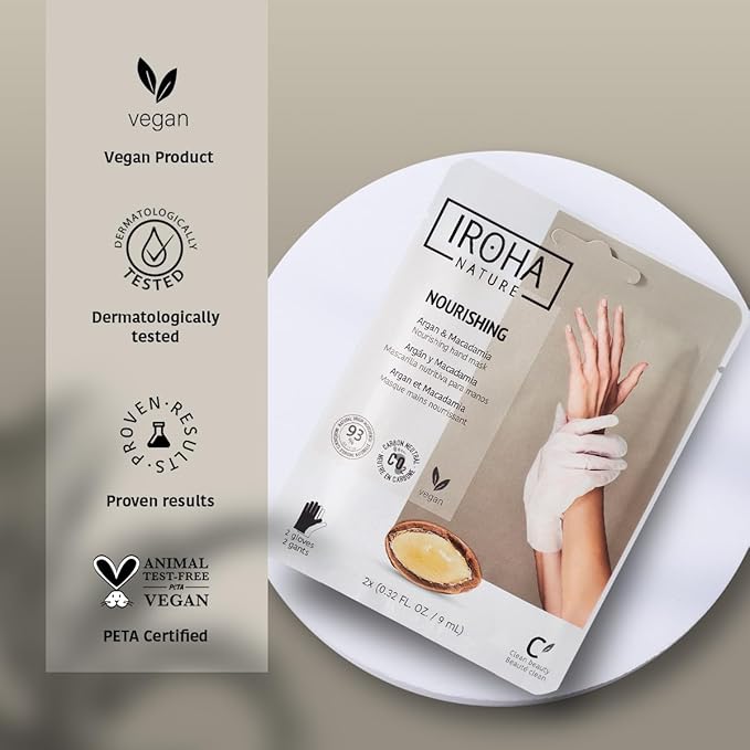 IROHA NATURE Nourishing Hand Mask Gloves | 4 Pairs | Argan & Macadamia Oil | Intense Nutrition for Dry Hands | 93% Natural Ingredients | Vegan