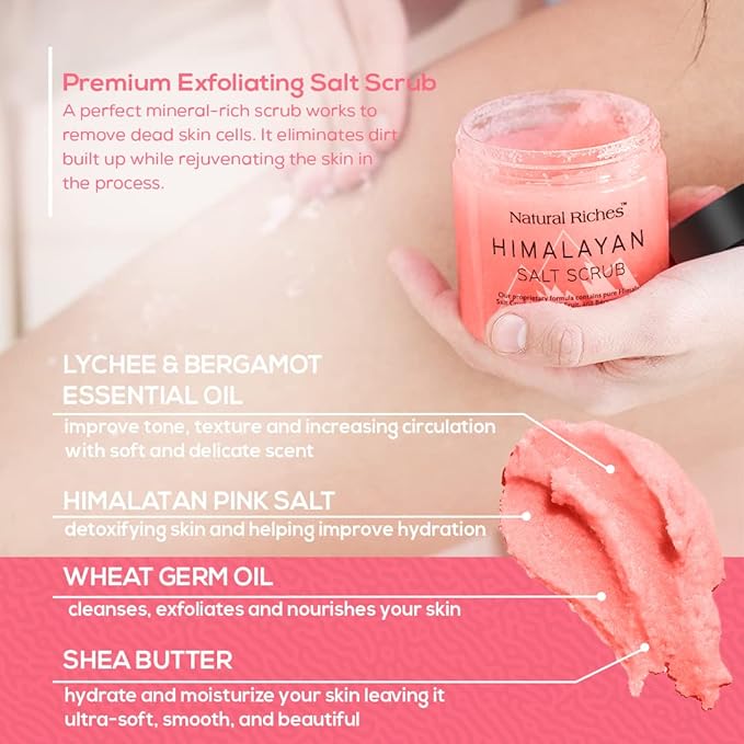 Natural Riches Himalayan Pink Salt Body Scrub, Exfoliating Salt Scrub for Women & Men, Deep Cleansing Body Exfoliant with Lychee & Bergamot Essential Oil – Natural Skin Polish for Smooth, Radiant Glow