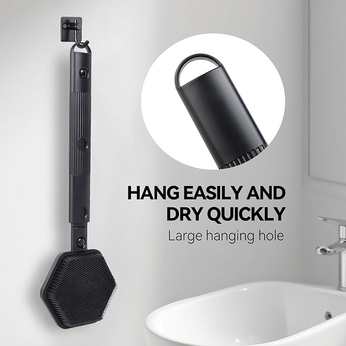 21 Inches Silicone Back Scrubber for Shower - Extendable Shower Brush Long Handle with Stiff and Soft Bristles -Loofah Alternative- Body Exfoliator for Bath or Dry Brush,Men & Woman (Black)