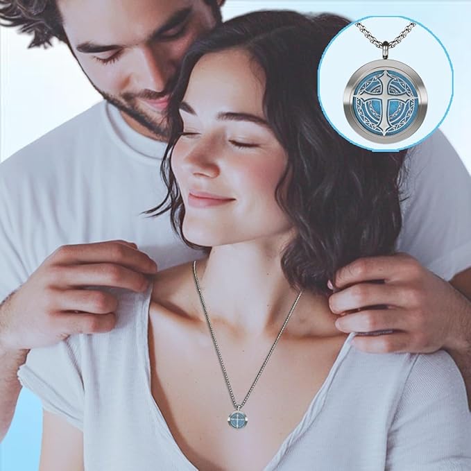 Aromatherapy Diffuser Necklace-Cross Essential Oil Necklace,Aromatherapy Diffuser Pendant for Men and Women,Portable,Suitable for Yoga,Meditation,Travel,Stress Relief Gift(Silver 30mm)