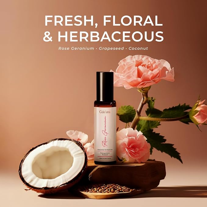 Gya Labs Rose Geranium Essential Oil Roll On - 0.34 Fl Oz - Travel Size Roller for Camping, Skin, Aromatherapy Relief, Convenience