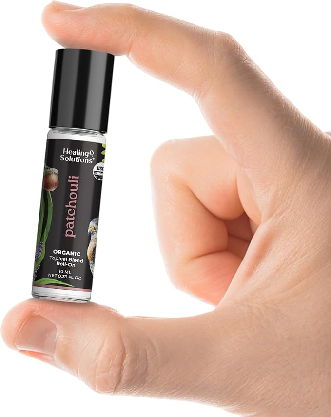 Healing Solutions - Organic Patchouli Essential Oil Roll On USDA Certified, Calm Meditation, Skin, Body Oil, Gifts for Women, Perfume - 10ml