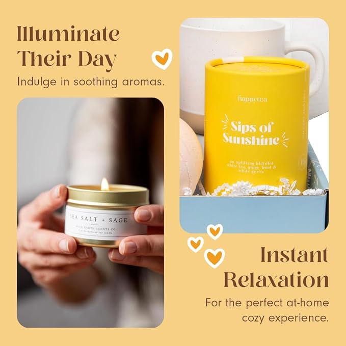 Unboxme Sunshine Gift For Women | Self Care Package with Herbal Tea, Mug, Bath Bomb, Candle, Fluffy Socks, Lip Balm, Sheet Mask, Scrunchie & Happy Birthday Card
