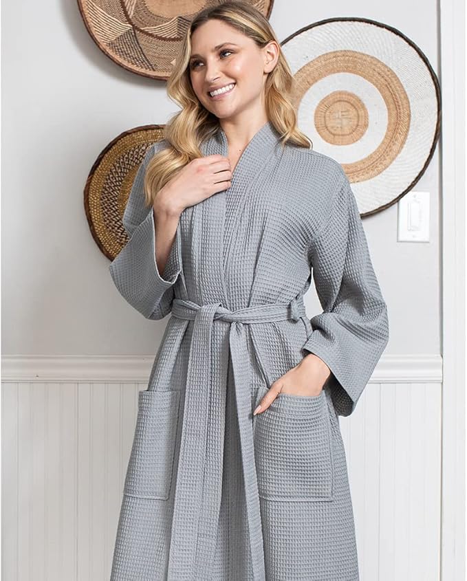 Lotus Linen Waffle Robes for Women - Lightweight Cotton Kimono Bathrobe - Long Soft Spa Bath Robe