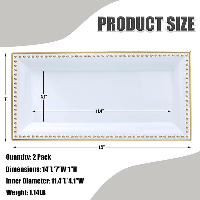 2 Pack White Bathroom Vanity Tray for Countertop with Beads, Small Plastic Toilet Tank Tray Versatile Storage Organization Tray for Makeup, Perfume, Desk, Kitchen, Candles, 14"x7"x1", 36W