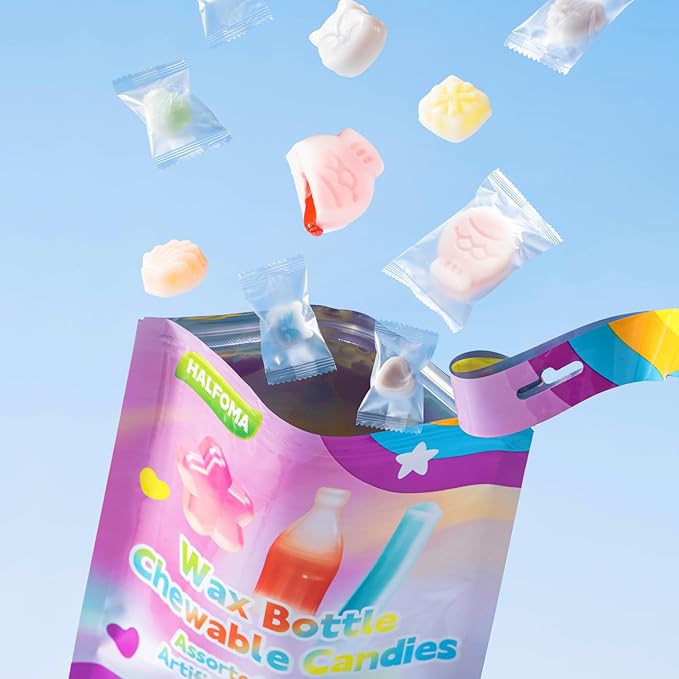 Halfoma Chewy Wax Bottle Candy with 3 Giant Fish - 30-Piece Assorted Fruit Flavors Chew Treats for Kids, Party Favors, Classroom Supplies,9.5oz