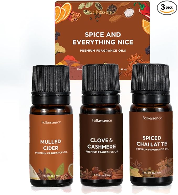 Folkulture Essential Oils for Home | Set of 3 (0.34 fl oz x 3) Fall Essential Oil for Relaxation | Chai Latte, Cider, Clove Essential Oil or Fall Scents for Meditation | Fall Essentials for Women