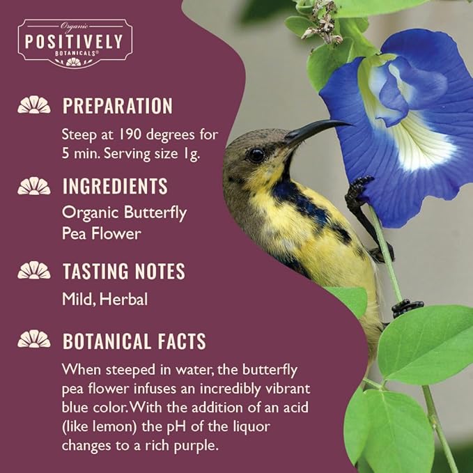 Organic Positively Botanicals Company, Butterfly Pea Flower, Herbal Tea Loose Leaf Botanical, 4 Ounce