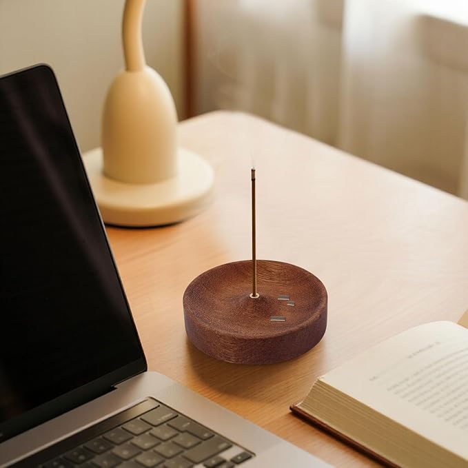 Ebony Wood Incense Burner, Round Wooden Incense Sticks Holder Handmade Ash Catcher Burner Tray Vintage Aroma Diffuser Bowl for Meditation Relaxation Home Decor