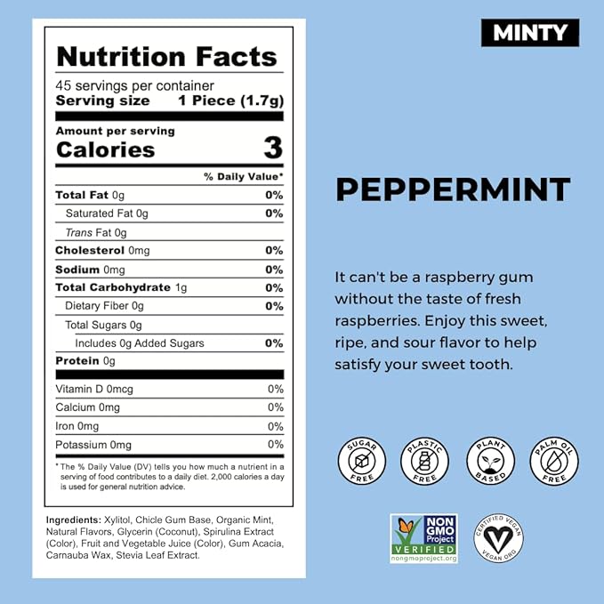 Refresh Gum Peppermint – Xylitol, Sugar Free Chewing Gum Pouch, Natural Flavor & Organic Ingredients – Aspartame Free, Plant-Based, Non-GMO – 45 Pieces