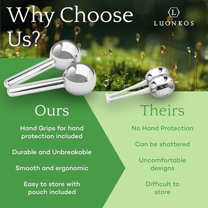 LUONKOS Gua Sha Ice Globes - Set of 2, Silver Stainless Steel - Facial Massage Tool & Lymphatic Drainage Massager - Reduces Puffiness, Fine Lines & Dark Circles