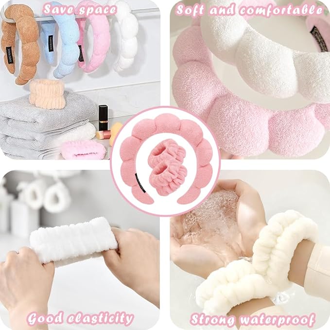 Spa Headbands for Washing Face Wristband Set Sponge Makeup Skincare Headband Wrist Towels Bubble Soft Terry Towel Cloth Hairband for Women Puffy Headwear Non Slip Thick Thin Hair Headwear (Peach pink)