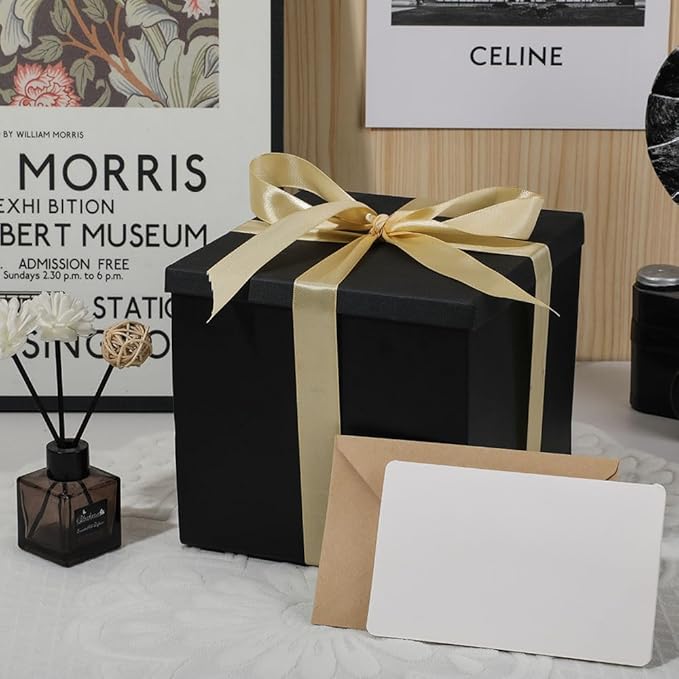 Gift Box with Lid 7x7x6.5 Inches, Black Gift Boxes for presents Packaging for Birthdays, Valentine's Day, Christmas, Anniversaries (Include Shredded Paper Fill, Envelope Card Ribbon)