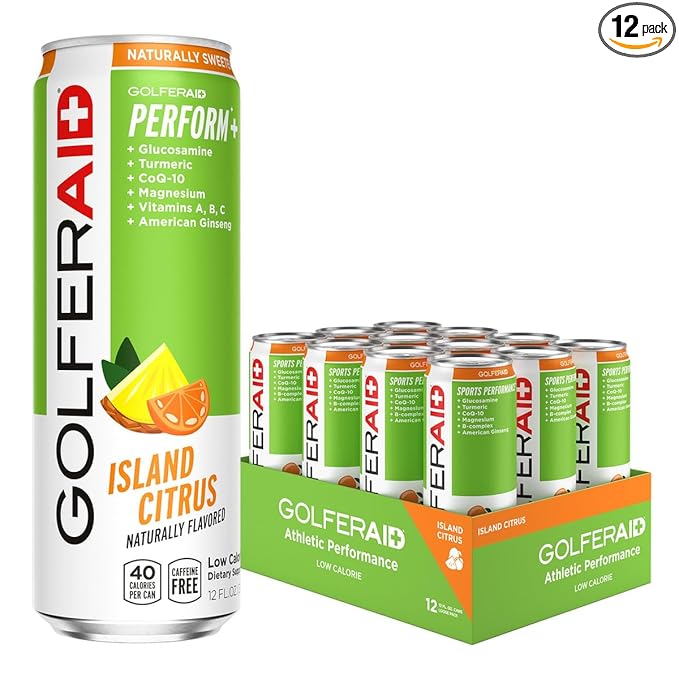 GOLFERAID Performance Blend, Up Your Golf Game, No Caffeine, Glucosamine, Turmeric, MSM, CoQ10, B-Complex, BCAAs and Electrolytes, 40 Calories, 100% Clean, Paleo, Vegan, 12 Fl Oz (Pack of 12)