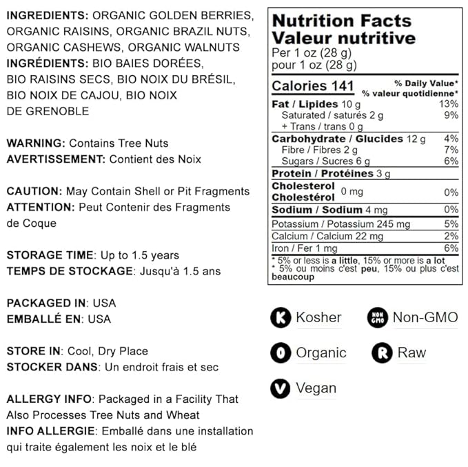 Food to Live Organic Energy Trail Mix, 8 Ounces — Non-GMO and Raw Nuts and Berries including Cashews, Golden Berries, Raisins, Walnuts, and Brazil Nuts. Non-Irradiated, Vegan Superfood, Bulk