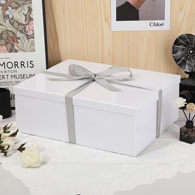 Extra Large Gift Box with Lid 17x13x6 Inches, White Gift Boxes for presents Packaging for Birthdays, Valentine's Day, Christmas, Anniversaries (Include Shredded Paper Fill, Envelope Card Ribbon)