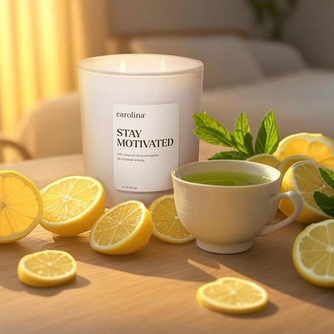 Carolina Stay Motivated Scented Candle, 16 oz Citrus & Green Tea Scented, 2 Wick Wellness Relaxing Candle, 60H Burn Time, Ideal for Creating a Welcoming Home - Made in The USA