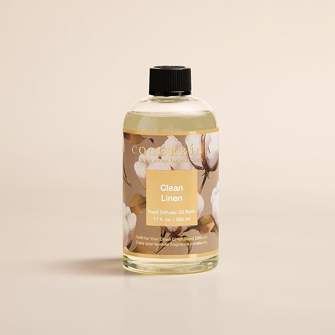 Cocorrína Reed Diffuser Refill Clean Linen 17oz (500ml) with 8 Rattan Sticks - Premium Long-Lasting Scented Oil, Home Fragrance for Bedroom, Bathroom Home Decor