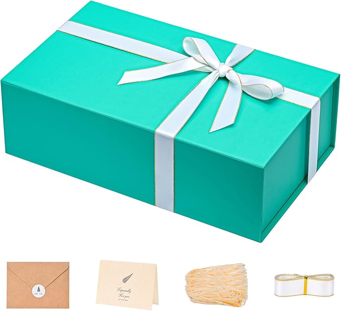 LIFELUM Green Blue Gift Box 13.85 x 8.35 x 4.45 inch, 1 Pack Big Gift Box with Magnetic Lid for Presents, Bridesmaid Proposal Boxes Contains Ribbon, Card,Shredded Paper Filler