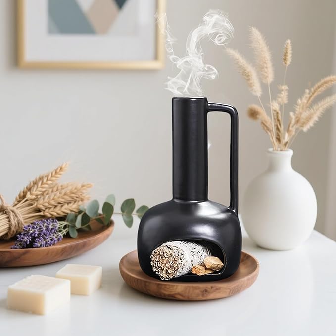 Simcat Handmade Ceramic Holder Incense Burner for Palo Santo Sticks Sage Bundles Candlestick, Suitable for Yoga Meditation Room Home Decor (Black)