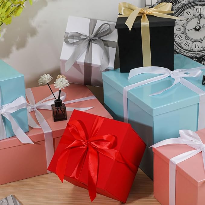 Gift Box with Lid 7x7x6.5 Inches, White Gift Boxes for presents Packaging for Birthdays, Valentine's Day, Christmas, Anniversaries (Include Shredded Paper Fill, Envelope Card Ribbon)