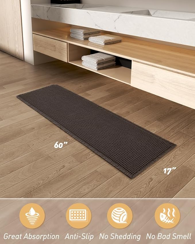 AMOAMI Upgraded Waffle Runner Rug Super Absorbent Non Slip Bath Mats for Bathroom Machine Washable Bathroom Runner Rug with Tassels, Ideal for Hallway Bedroom Laundry Room, Chocolate, 17" x 60"