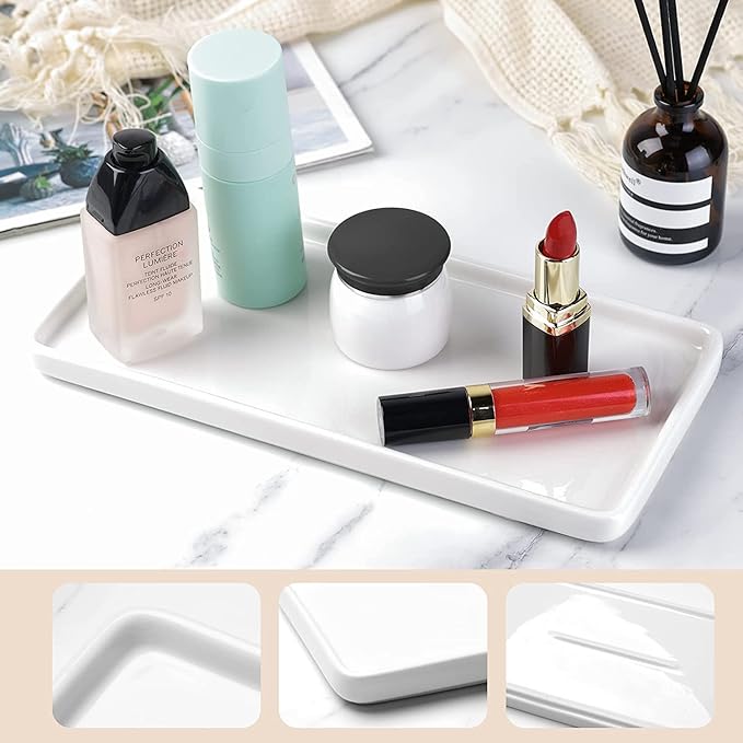 Gurygo 2 Pack 8"/10" Bathroom Trays, Ceramic Vanity Trays for Bathroom, Small Ceramic Tray, Kitchen Soap Tray for Kitchen Counter (White,Set/2)
