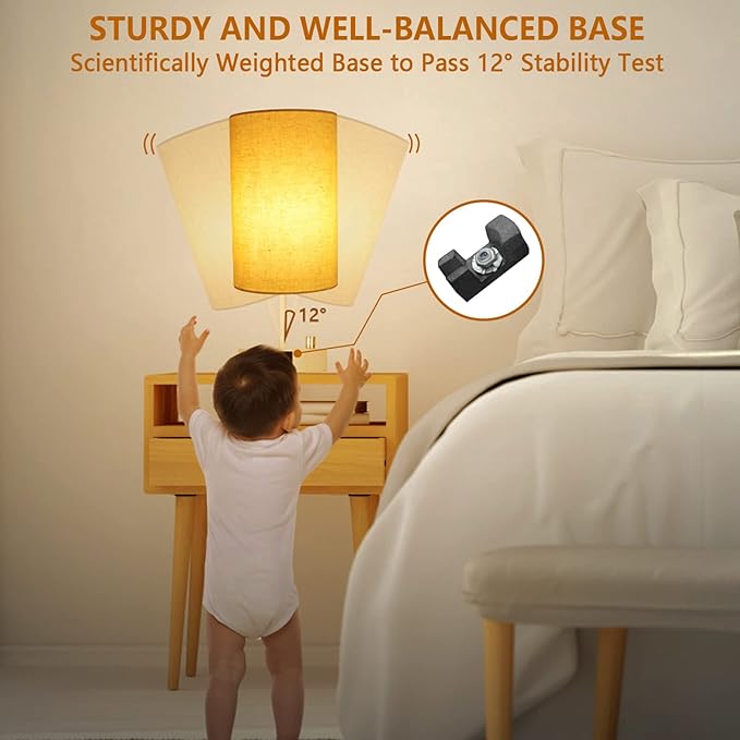 HiBay 17.75" H Dimmable LED Bedside Table Lamp with USB Charging Ports & AC Outlet, Modern White Nightstand Light for Bedroom, Office, Living Room, Kids Room, Round Fabric Shade, E26 Bulb Included