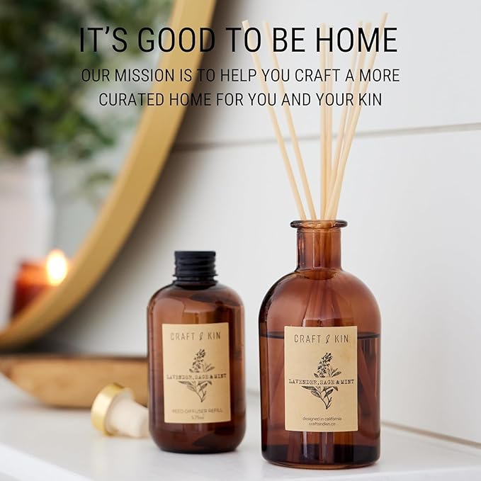 Craft & Kin Sage, Mint & Lavender Reed Diffuser | All Natural Essential Oil & 8 Rattan Scent Sticks | Reed Diffusers for Home, Bathroom | Long Lasting Home Fragrance in Amber Glass, 5.75oz