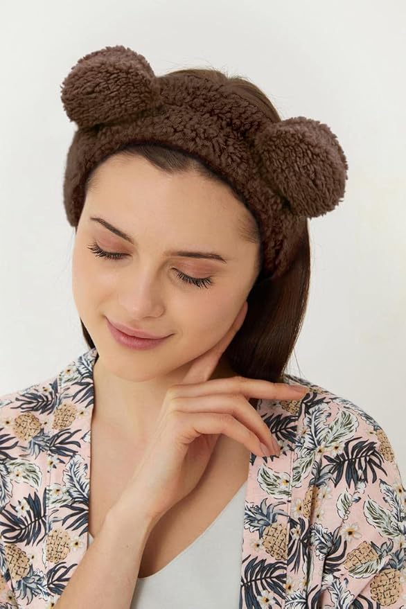 Huachi Bear Ears Headbands for Women Girls Face Washing Spa Makeup Hair Bands Korean Elastic Fluffy Beauty Accessories, Brown