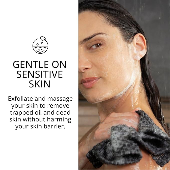 Exfoliating Washcloth Face & Body Scrub Towel - Japanese Exfoliating Towel with Hexagon Fibers, Body Scrubber with 2 Sides for Scrubbing & Washing, Extra Long (Black, 2 Pack)